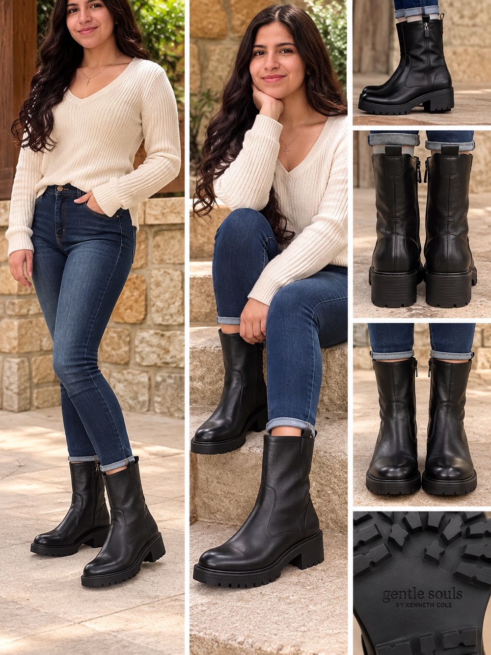 Gentle Souls by Kenneth Cole Bailah Black Leather Lug Boots Size